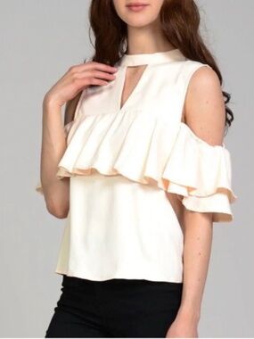 J.O.A. Layered Ruffle Cold-Shoulder Ivory Peach Top Women's Medium
